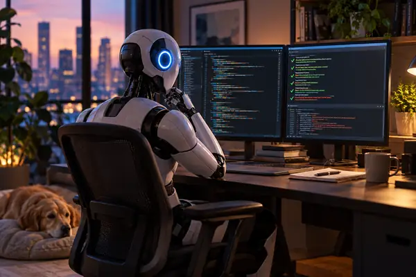 A polished illustration of a coding agent examining code and test results on a workstation.