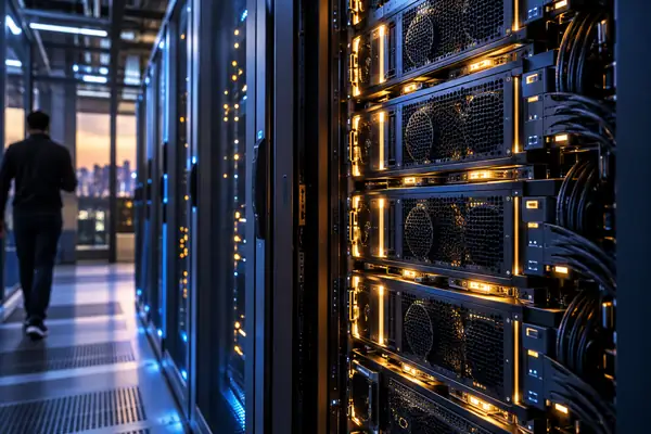 An elegant close-up illustration of illuminated compute hardware in a modern data center.