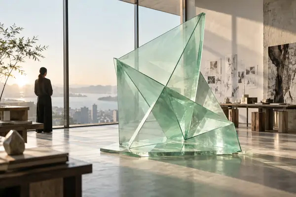 A large translucent mint-green glass sculpture with folded triangular planes, softly illuminated in an airy architectural studio.