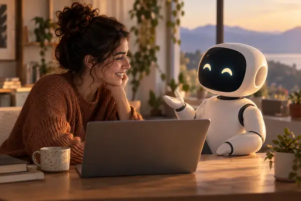A warm, minimal illustration of an AI assistant helping a customer through a chat interface.