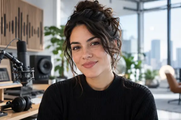 An audio technology researcher in a bright, modern studio, photographed from the shoulders up.