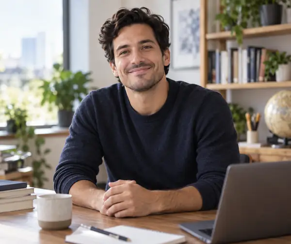 A smiling education technology founder in a relaxed, natural-light professional portrait.